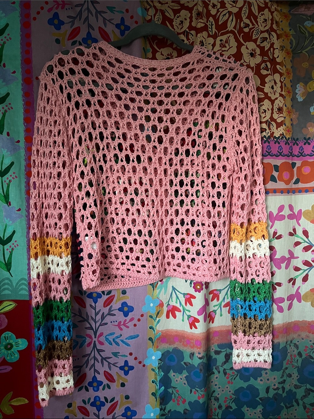 Boho Acrylic Pink Crochet Granny-Square Button Cardigan Sweater Size Small - Picture 4 of 9